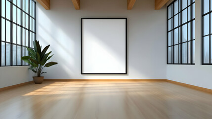 Bright Minimalist Loft Apartment Interior with Large Windows and Potted Plant