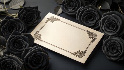 Elegant blank card surrounded by black roses on dark background