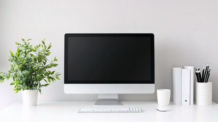 Fototapeta premium Minimalist Workspace Setup with Slim White Monitor and Green Plant