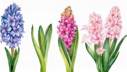 Vibrant watercolor painting of blooming hyacinths, beautiful garden flower, fine botanical details.