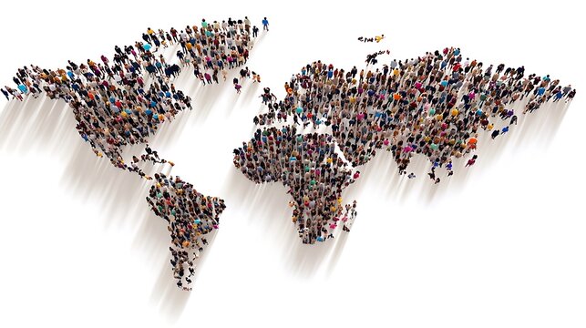 Global population, world map.  A vast multitude of people forms the outline of the world, highlighting global interconnectedness