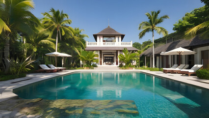 Luxurious tropical villa reflecting in swimming pool water