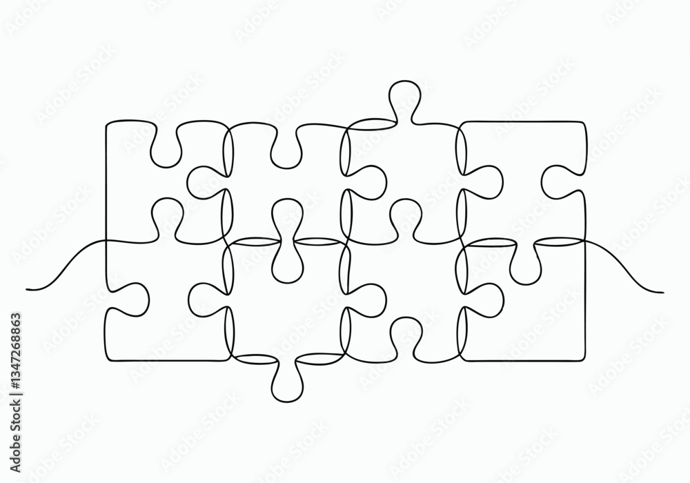 Poster continuous one line jigsaw puzzle with missing piece | minimalist problem-solving vector illustratio