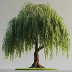 A realistic 3D rendering of a willow tree featuring gracefully drooping branches with lush green foliage. The tree has a textured, curving trunk and is set against a plain white background
