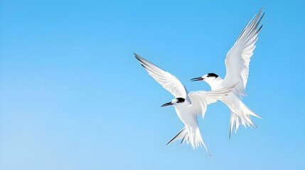 Fototapeta premium Two Arctic Terns Flying in a Clear Blue Sky