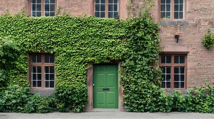 Ivy Covered Brick Building With Green Door