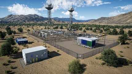 Desert utility infrastructure.  Aerial view of  power plant equipment, communication towers, and support structures in a dry landscape