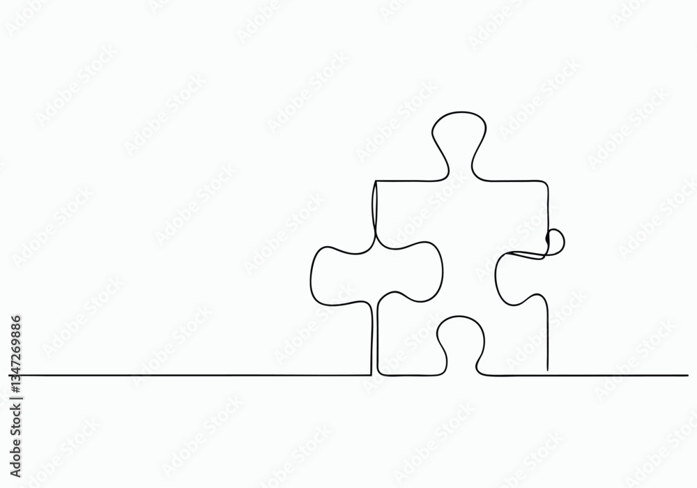 Poster continuous one line jigsaw puzzle with missing piece | minimalist problem-solving vector illustratio