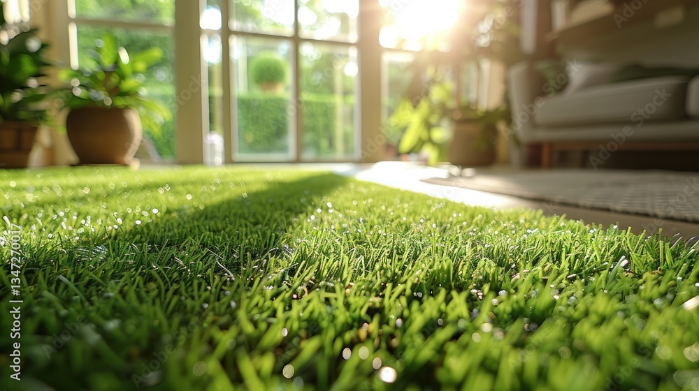 Poster a lively artificial lawn with realistic fibers shines under soft lighting, creating an inviting atmo