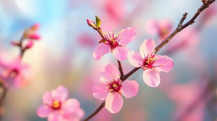 Fototapeta premium Delicate Peach Blossoms Blooming on Thin Branch Against Soft Background