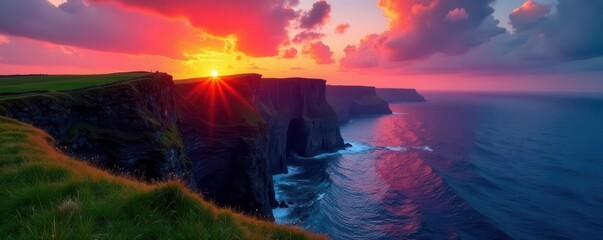 Fototapeta premium Fiery sunset paints Cliffs of Moher in vibrant hues , amazing, golden, light