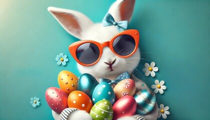 Playful Easter Bunny with Colorful Eggs on Bright Turquoise Background,easter bunny with easter eggs,a cute bunny wearing orange sunglasses and holding colorful easter eggs,generative ai	
