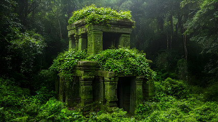 Overgrown Ancient Temple Ruins In Lush Rainforest