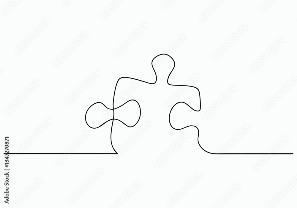 Poster continuous one line jigsaw puzzle with missing piece | minimalist problem-solving vector illustratio