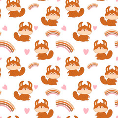 Seamless pattern of kawaii squirrel with rainbow and hearts. Cute wild forest animal. Adorable character cartoon vector illustration for textile, fabric, packing, gift print, baby clothing.