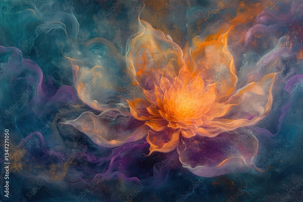 Poster soft swirling colors form a celestial nebula with ethereal blooms, creating a tranquil cosmic atmosp