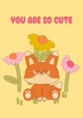 Obraz premium Greeting card with cute little fox and flowers. Charming chibi fox in kawaii style. Concept for minimalistic postcards, posters, banners. Vector illustration