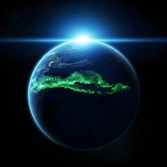 Fototapeta premium A deep blue planet with glowing light green oceans, orbiting a bright blue star in a galaxy full of stars, Ai Generated