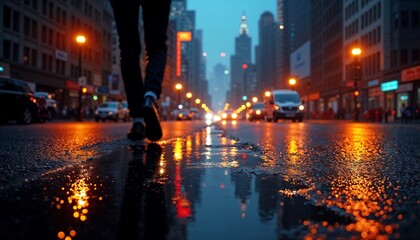 Obraz premium Man walking in city on a rainy evening, creating reflections on wet pavement 