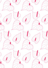 Seamless pattern with exotic Anthurium. Tropical floral pattern with elegant botanical flowers with line art outline style. Vector illustration for fashion print, fabric, home decor, wrapping paper