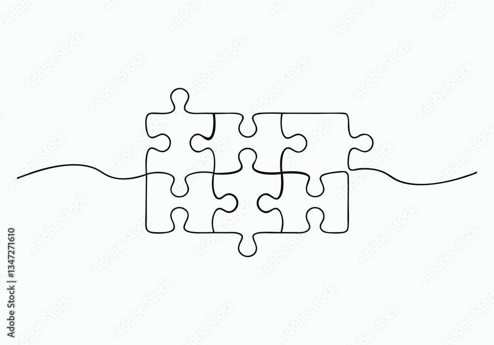 Poster continuous one line jigsaw puzzle with missing piece | minimalist problem-solving vector illustratio