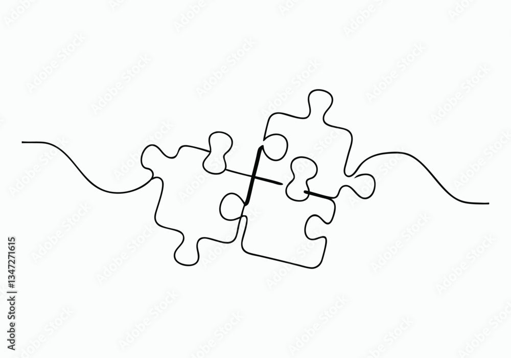 Poster continuous one line jigsaw puzzle with missing piece | minimalist problem-solving vector illustratio
