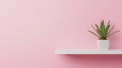 Soft Pink Wall with Simple White Shelf and Potted Plant Decor