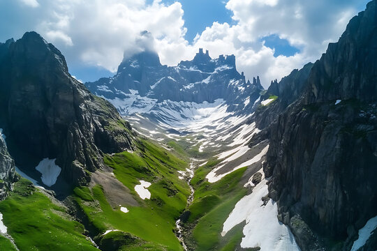 Breathtaking alpine valley with lush green meadows, melting snow, and towering rocky peaks under a dramatic sky. A fantasy-like landscape perfect for themes of exploration, nature, and adventure.