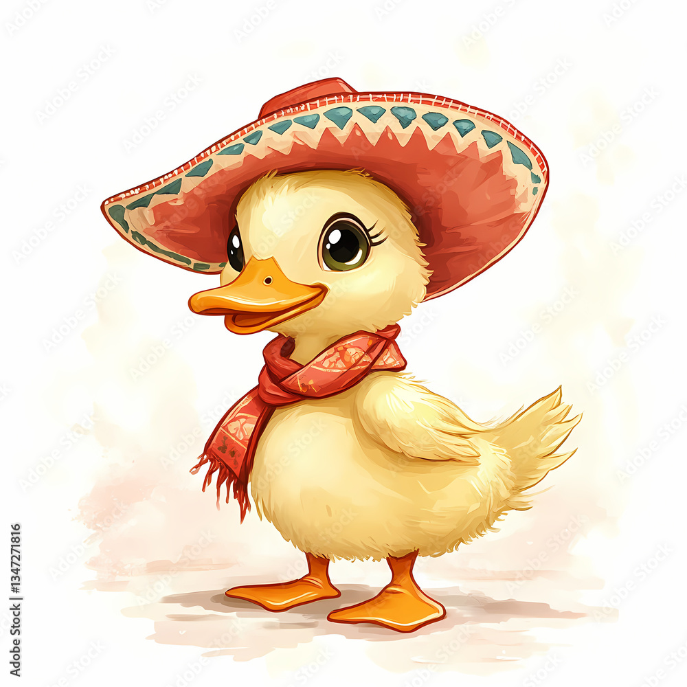 Poster cute duck in sombrero and scarf with playful expression generative ai