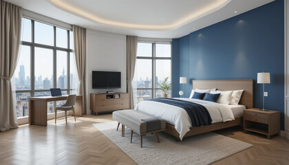 Luxurious bedroom retreat offers serene city views in a calming stylish interior bright natural lighting