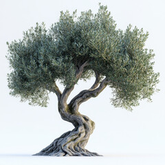 A realistic 3D-rendered olive tree with a gnarled, textured trunk and a full canopy of silvery-green leaves. The tree is rooted in a rocky base, surrounded by moss, and set against a clean white backg