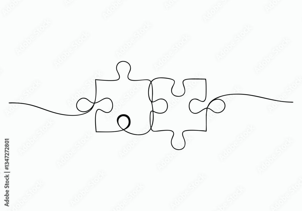 Poster continuous one line jigsaw puzzle with missing piece | minimalist problem-solving vector illustratio