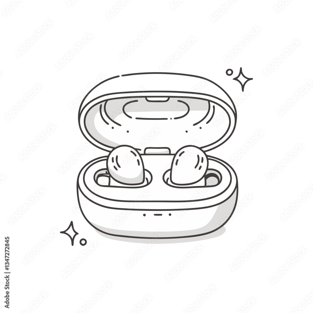 Poster wireless earbuds vector in minimal line art style, featuring an open charging case with decorative s