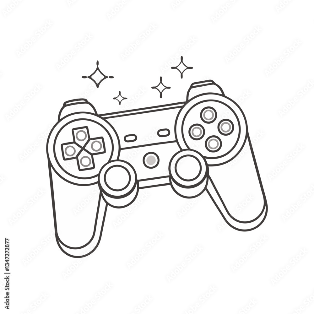Poster game controller vector in minimal line art style, featuring decorative sparkles for a modern and gam