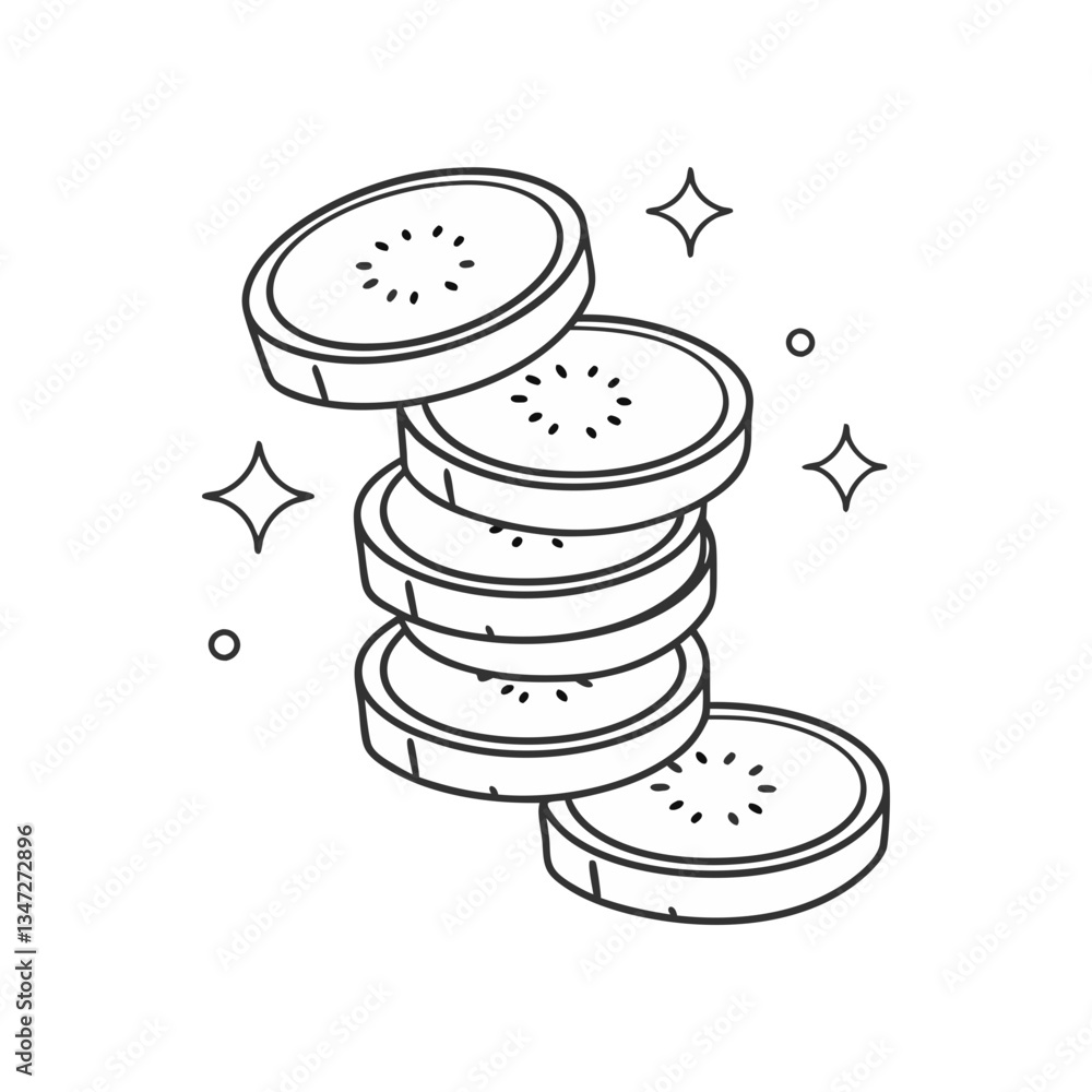 Poster stack of coins vector in minimal line art style, featuring decorative sparkles for a clean and finan