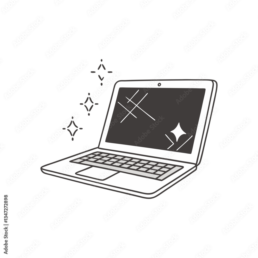 Poster laptop vector in minimal line art style, featuring a sleek open design with decorative sparkles for 