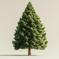 A realistically rendered redwood tree with a thick, textured trunk and dense, green foliage. The tree is set against a plain white background