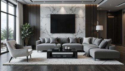 Luxurious living room invites relaxation in a modern stylish home interior natural light soft gray tones