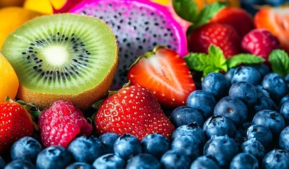 Obraz premium Close-up of colorful fruit with blueberries, apricots, and strawberries on top of kiwi fruits and mint leaves