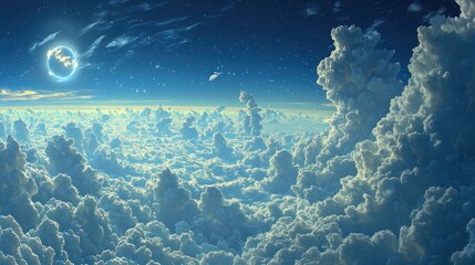 Fototapeta premium Celestial view above a vast expanse of cumulus clouds, illuminated by a vibrant moon