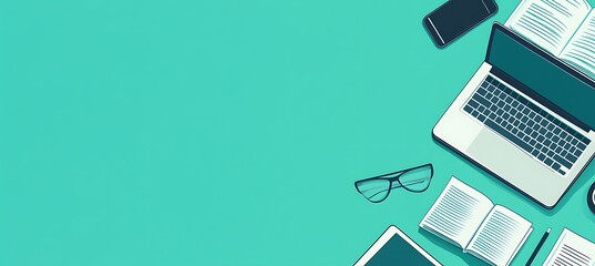 An educational platform banner with books, laptops, and a clear text area