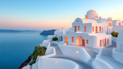 Whitewashed Buildings on Santorini Cliffside at Sunset