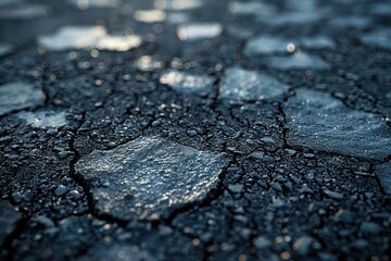 Obraz premium Asphalt surface with pebbles and cracks, softly lit to highlight its natural textures and details