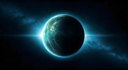 Obraz premium A deep blue planet with glowing light green oceans, orbiting a bright blue star in a galaxy full of stars, Ai Generated