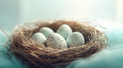 Obraz premium Cozy Nest Filled with Speckled Eggs in Soft Natural Light