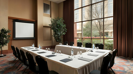 Empty Conference Room with a Large Window and Table Arrangement During Daylight