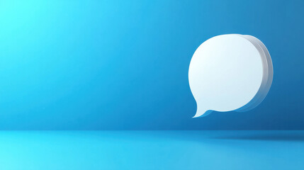 A white speech bubble with a soft glow sits on a blue gradient background. The background transitions from a darker blue at the bottom to a lighter, brighter blue towards the top
