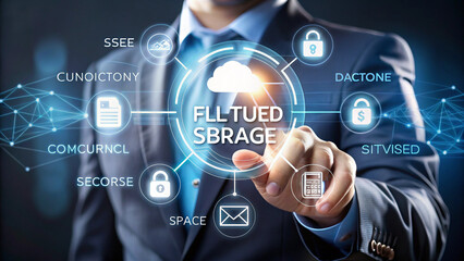 Data Protection Interface Being Touched by a Businessman in a Suit on Dark Background