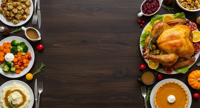 Classic Thanksgiving turkey dinner. Top down view side border on a dark wood background with copy space
