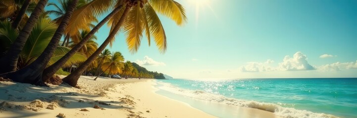Obraz premium Sun-drenched beach, palm trees, vintage film grain, coast, palm leaves